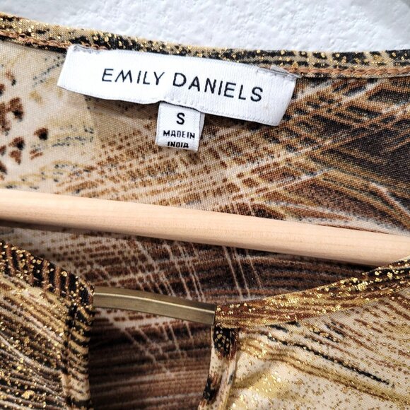 Women's Emily Daniels Black & Brown with Gold Shimmer Abstract Print Top Size S - Picture 2 of 10